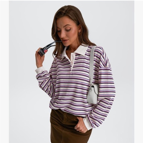 Trendy Queen Women's Oversized Striped Polo Sweatshirt - Picture 3 of 7